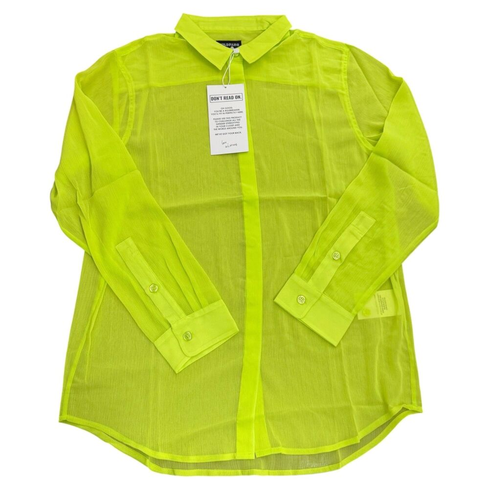 WILDFANG The Empower Sheer Long Sleeve Button Up Shirt Medium Neon Green NWT